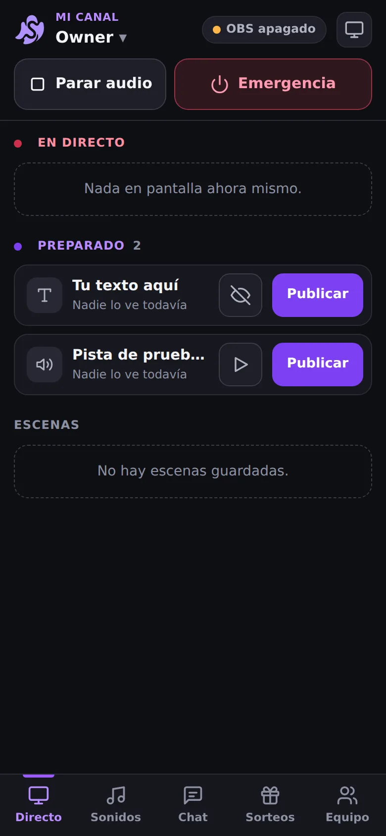 Mando móvil de Spectra con los botones Parar audio y Emergencia y la lista de elementos preparados para publicar