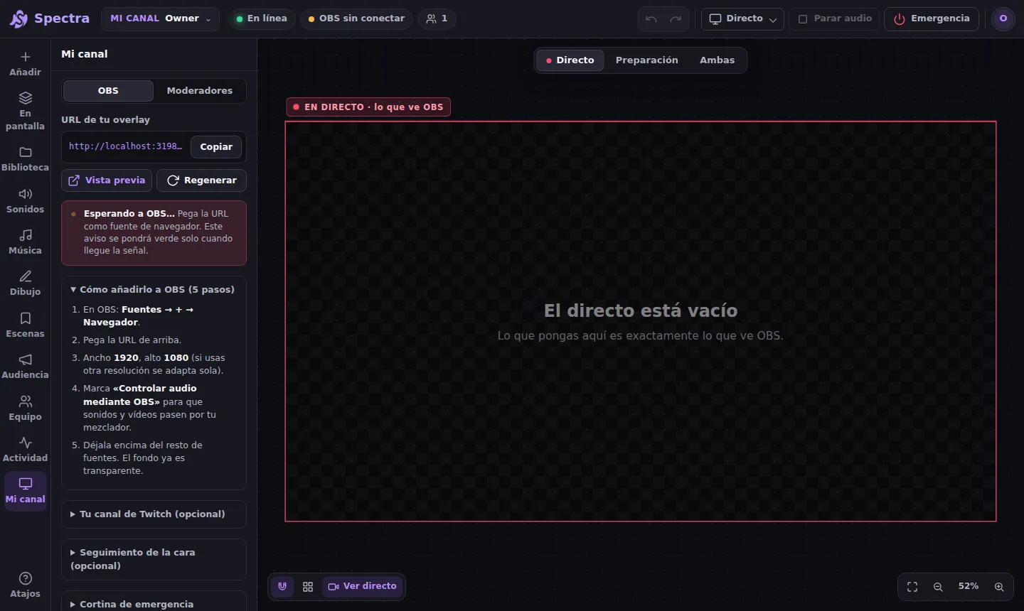 Panel Mi canal → OBS de Spectra con la URL del overlay, los botones Copiar y Regenerar y los cinco pasos para OBS